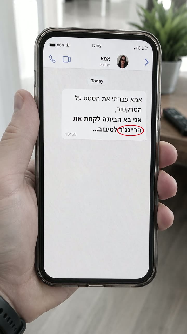 הודעת וואטסאפ מהבן על מסך טלפון — הוו הפותח, פריים מתוך פרסומת AI לנמרוד אוף רוד