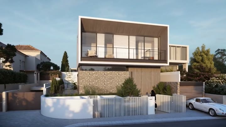 הבית בשעת בין ערביים עם חלונות מוארים — פריים מתוך סרטון AI לאדריכל