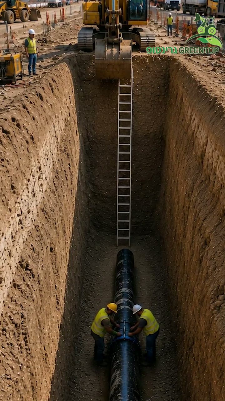 חפירה עמוקה עם עובדים בתוכה — פריים פתיחה מתוך רילס בטיחות ב-AI לגרינטופ