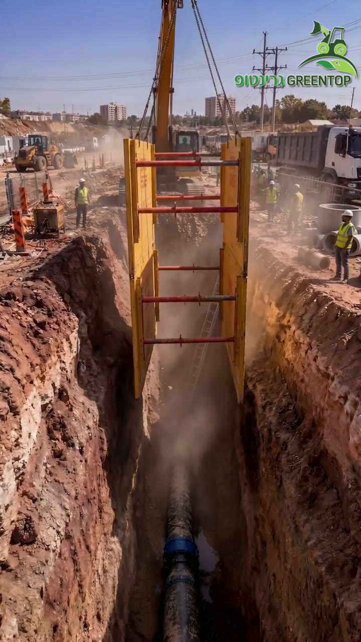 מערכת דיפון מותקנת בחפירה באתר בנייה — פריים מתוך רילס AI לגרינטופ
